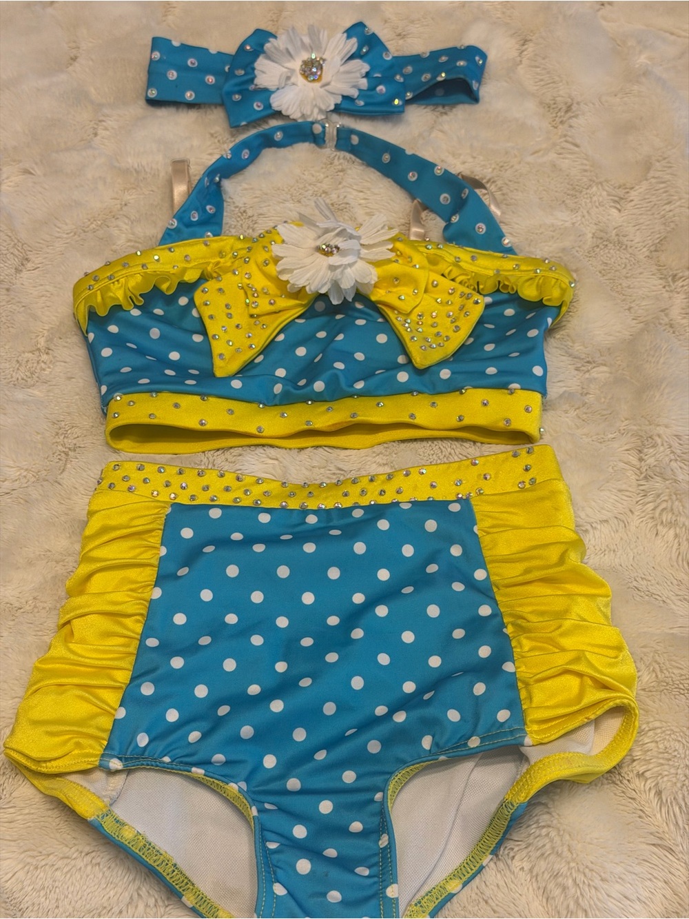 Weissman Blue & Yellow Polka Dot Two-Piece Dance Costume with Flower Accent